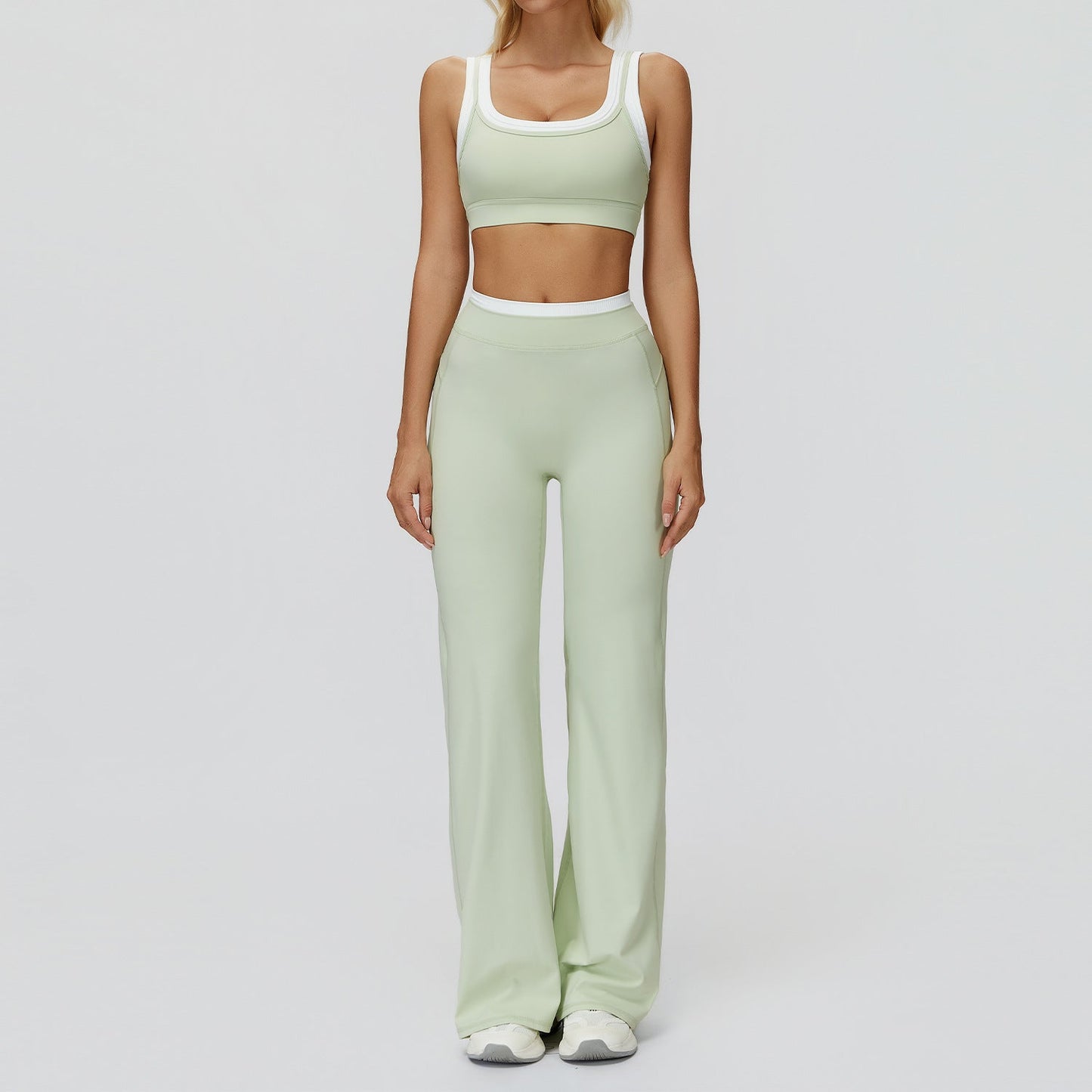 Women's Contrast Sports Bra & Leggings or Wide-Leg Flared Pants Set – Active Workout Set