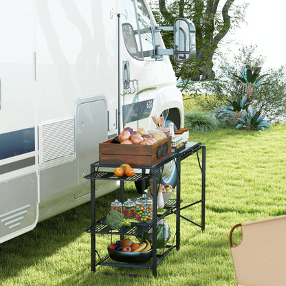 Folding Camp Kitchen Cooking Station with Lamp Stand, Shelves & Utensil Hooks