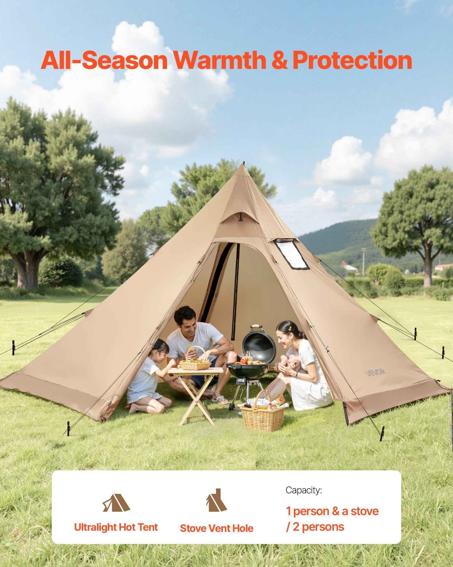 4-Person Hot Tent with Stove Jack | 4-Season Waterproof Tipi Camping Tent