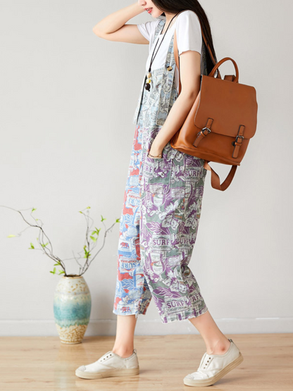 Retro Surf Print Patchwork Dungarees - Cropped Casual Overalls