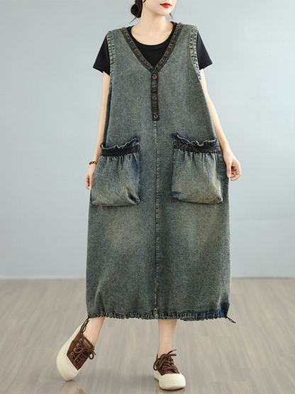 Relaxed V-Neck Denim Dress with Oversized Pockets, Effortless Pinafore