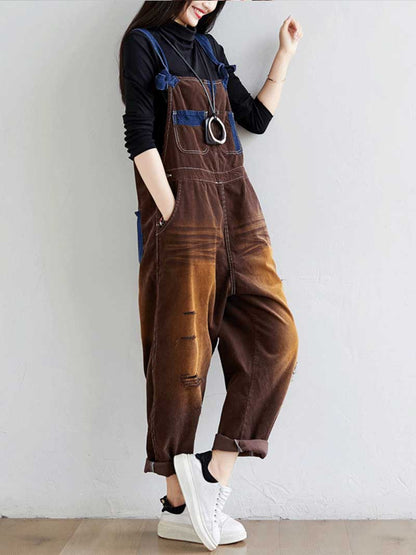 Vintage Washed Denim Dungarees with Knot Straps & Rolled Cuffs