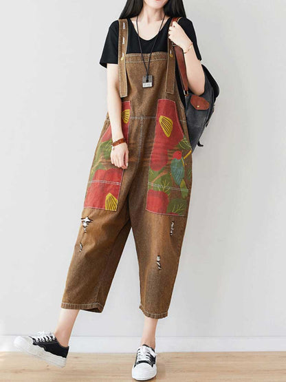 Patchwork Cropped Denim Dungarees with Side Pockets