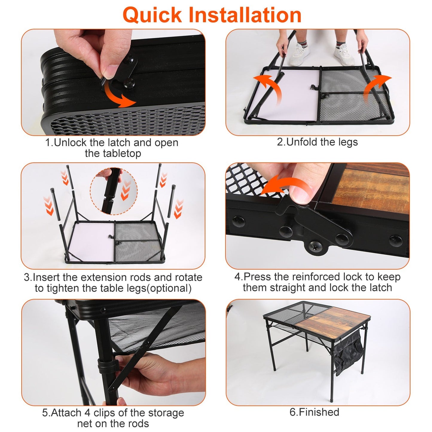 Adjustable Height Folding Camping Table with Hanging Storage Net – 66 lb. Capacity