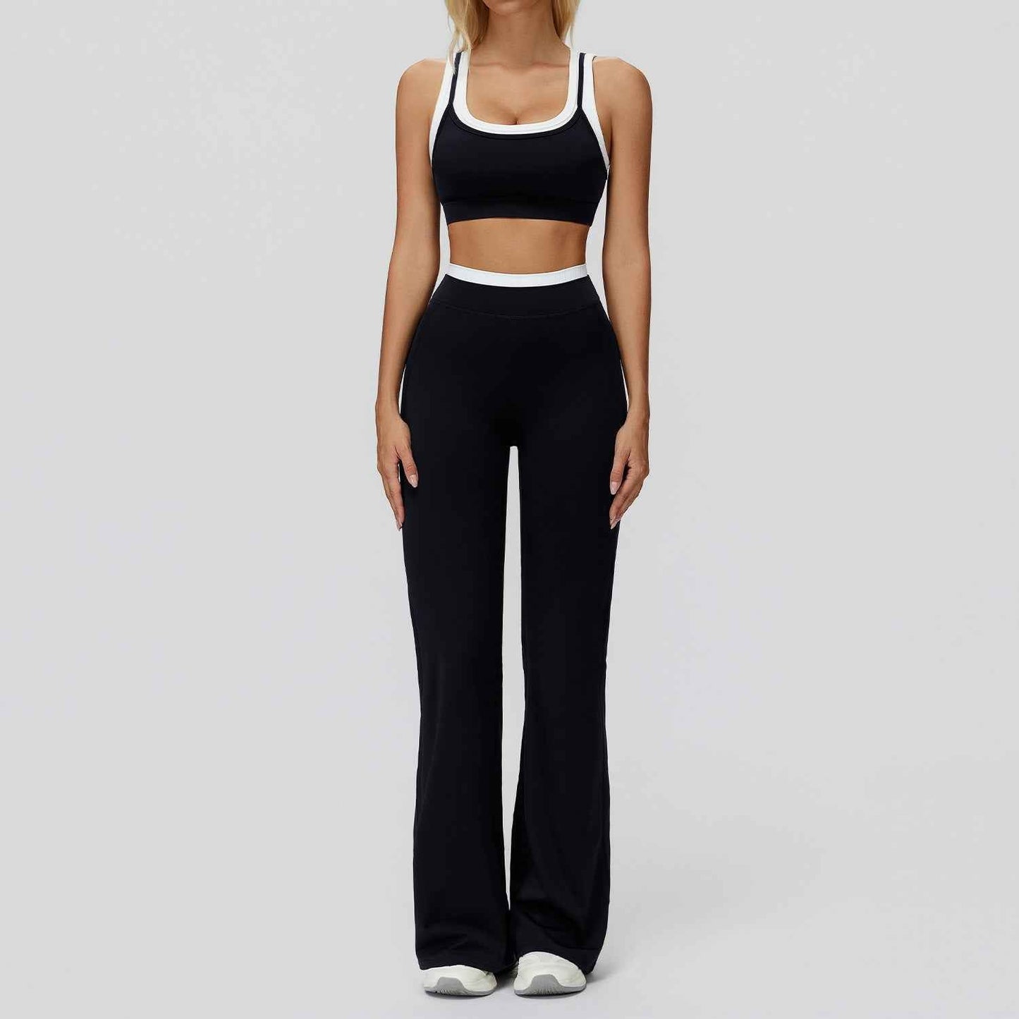 Women's Contrast Sports Bra & Leggings or Wide-Leg Flared Pants Set – Active Workout Set