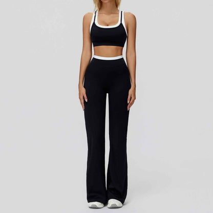 Women's Contrast Sports Bra & Leggings or Wide-Leg Flared Pants Set – Active Workout Set
