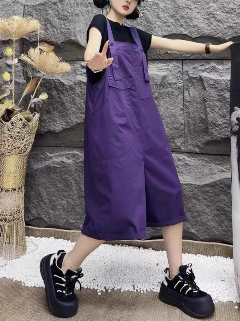 Mininmal Style Womens Cropped Overalls with Straight Loose Fit