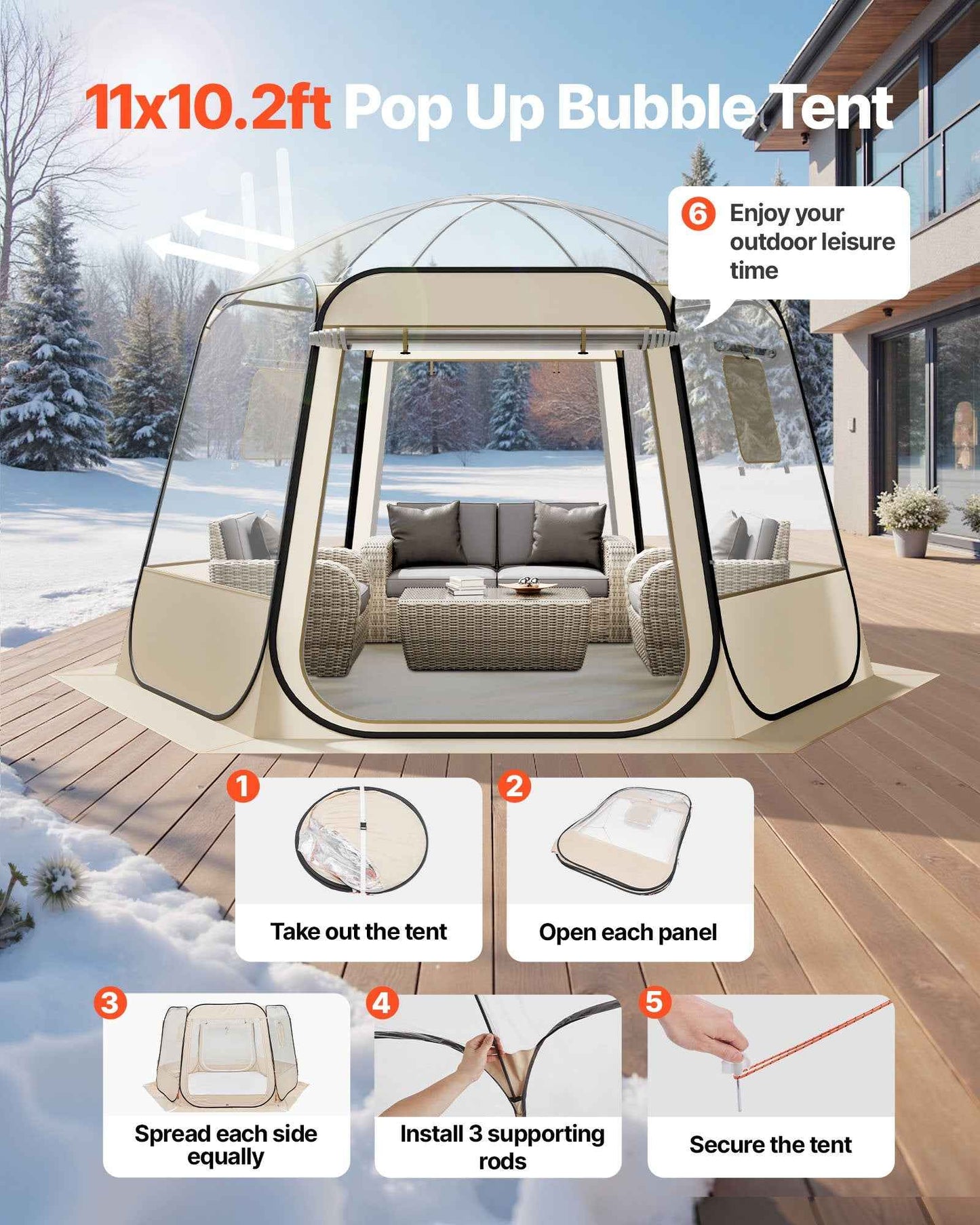 Clear Bubble Dome Tent | 11x10.2 FT Pop-Up Igloo for 8-10 People | 540° View
