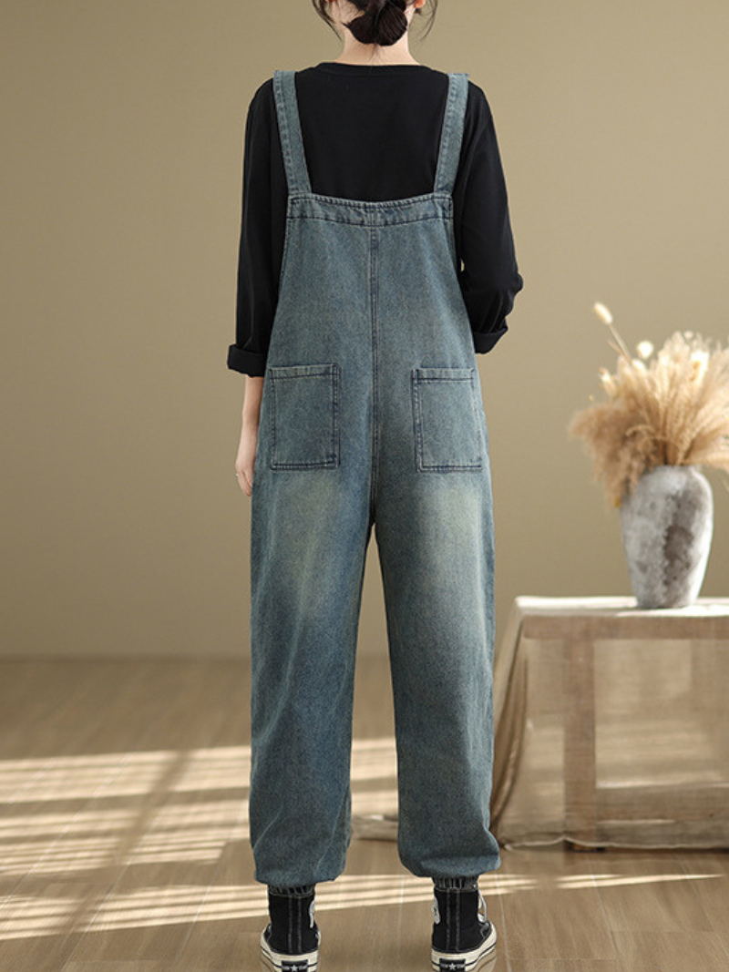 Loose Fit Women's Denim Overalls with Three Dimensional Pockets