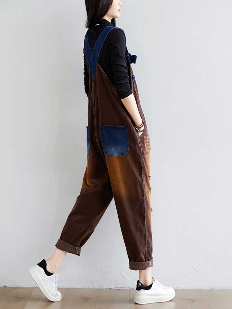 Vintage Washed Denim Dungarees with Knot Straps & Rolled Cuffs