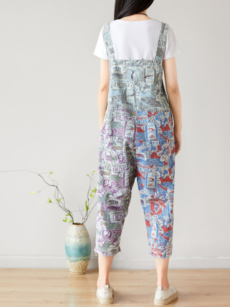 Retro Surf Print Patchwork Dungarees - Cropped Casual Overalls