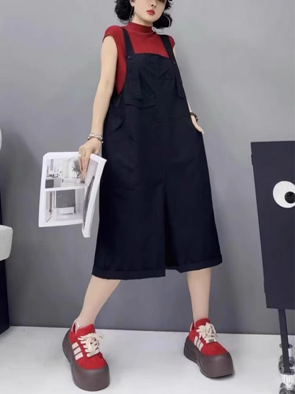 Mininmal Style Womens Cropped Overalls with Straight Loose Fit
