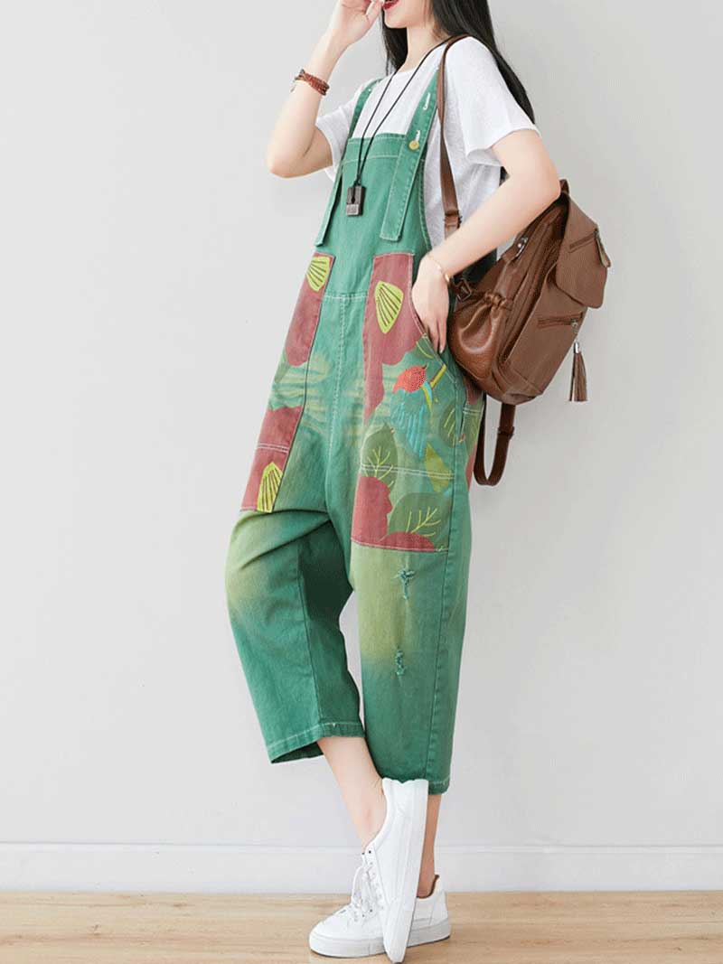 Patchwork Cropped Denim Dungarees with Side Pockets