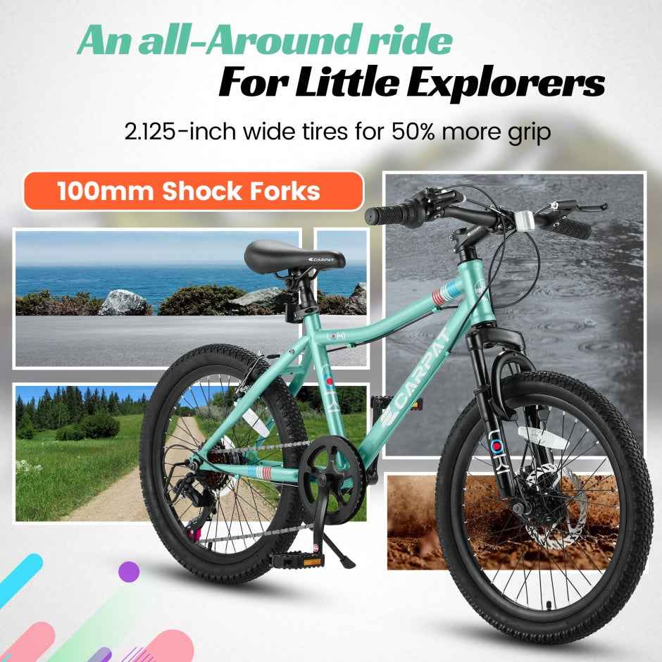 20" Kids Mountain Bike | Ages 6-12 | 7-Speed Shimano, Disc Brake & Front Suspension