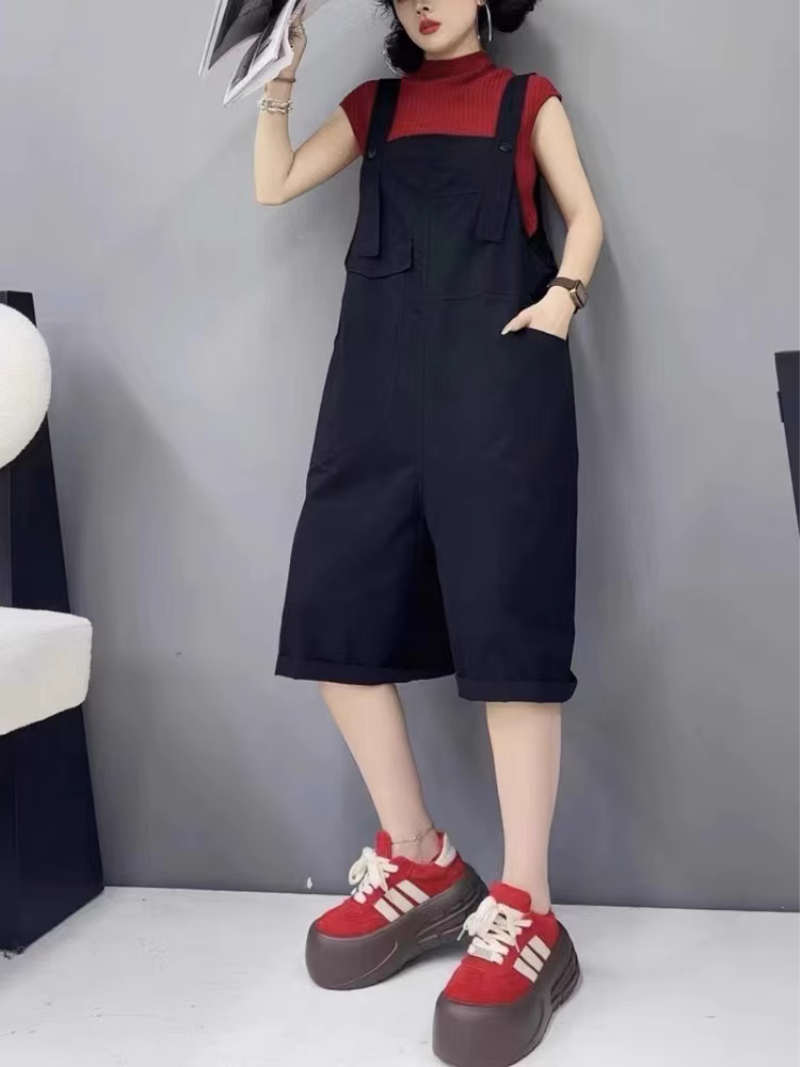 Mininmal Style Womens Cropped Overalls with Straight Loose Fit