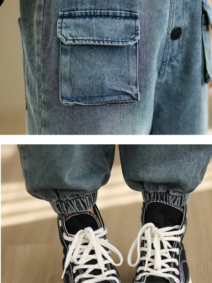 Loose Fit Women's Denim Overalls with Three Dimensional Pockets