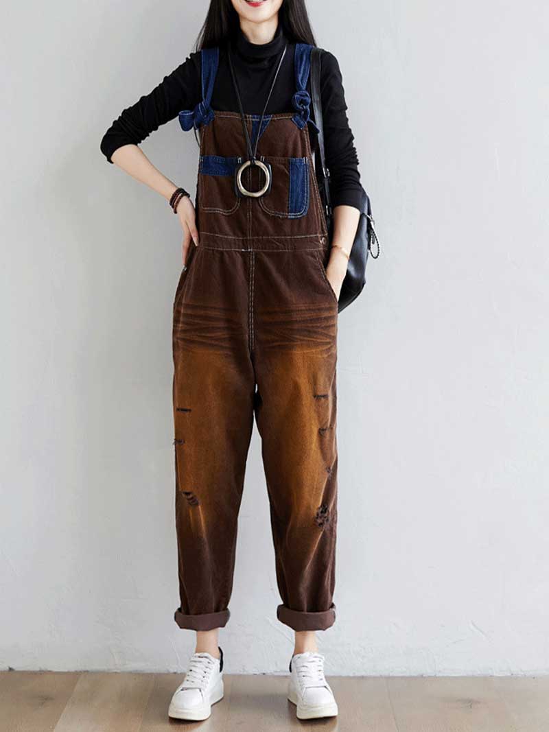 Vintage Washed Denim Dungarees with Knot Straps & Rolled Cuffs