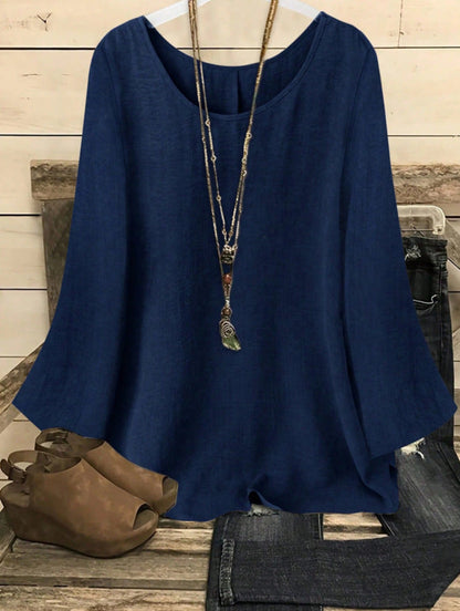Women's Relaxed Crew-Neck Pullover Top with Patchwork Detail – 5 Colors