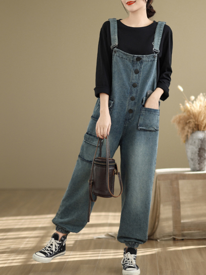 Loose Fit Women's Denim Overalls with Three Dimensional Pockets