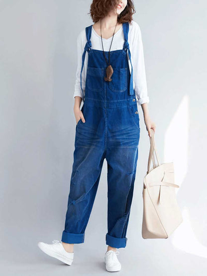 Vintage Washed Denim Dungarees with Knot Straps & Rolled Cuffs