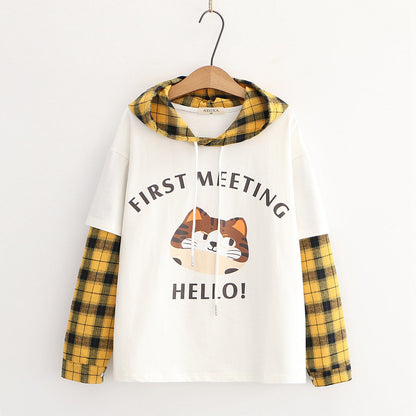 Cat Plaid Collar Hooded Long Sleeve Sweatshirt