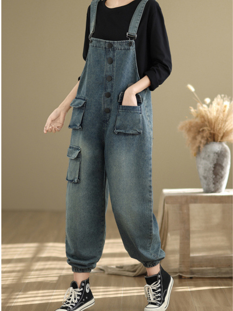 Loose Fit Women's Denim Overalls with Three Dimensional Pockets