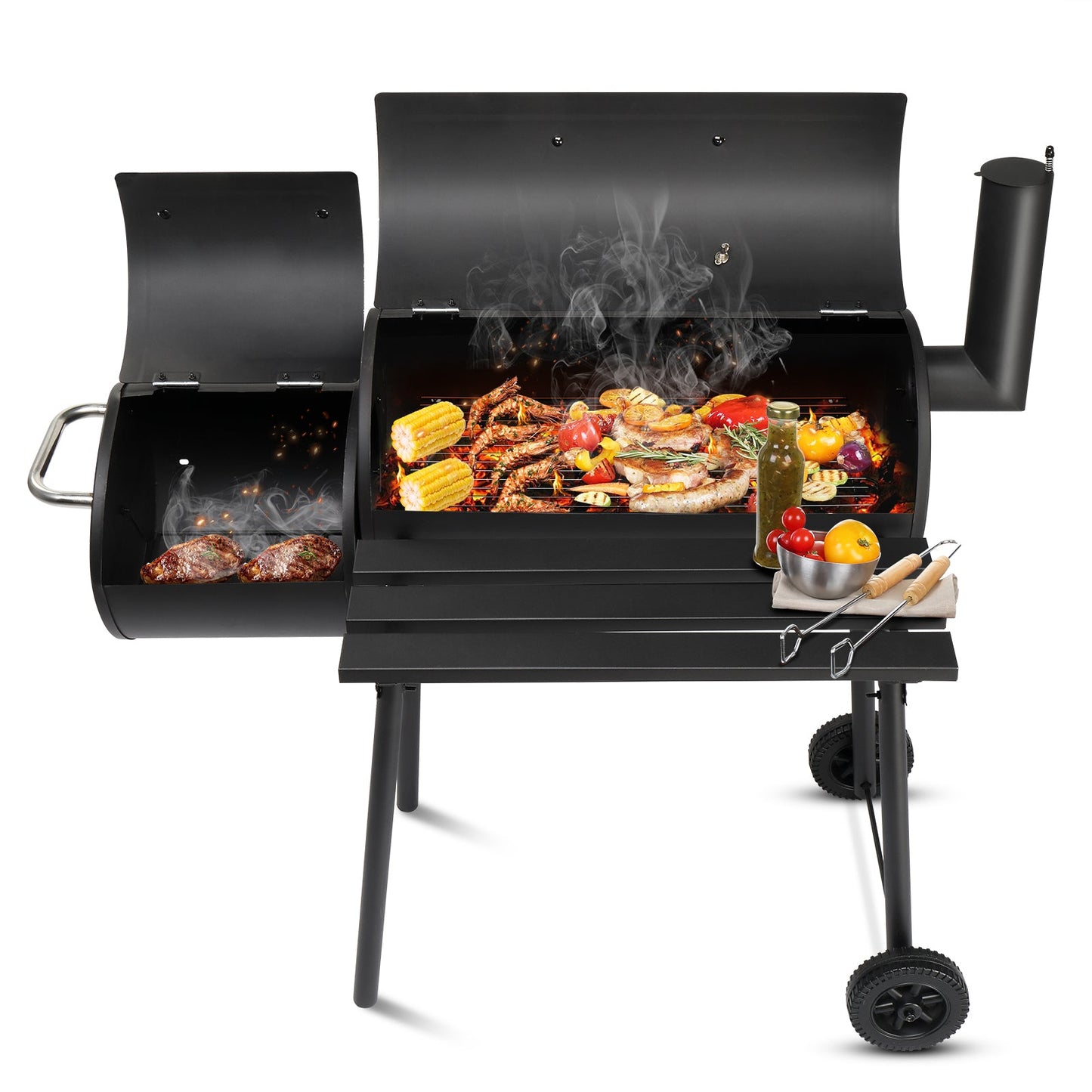 Barrel Charcoal Grill with Offset Smoker – Enamel Rack, Built-In Thermometer, Side Shelf & Wheels