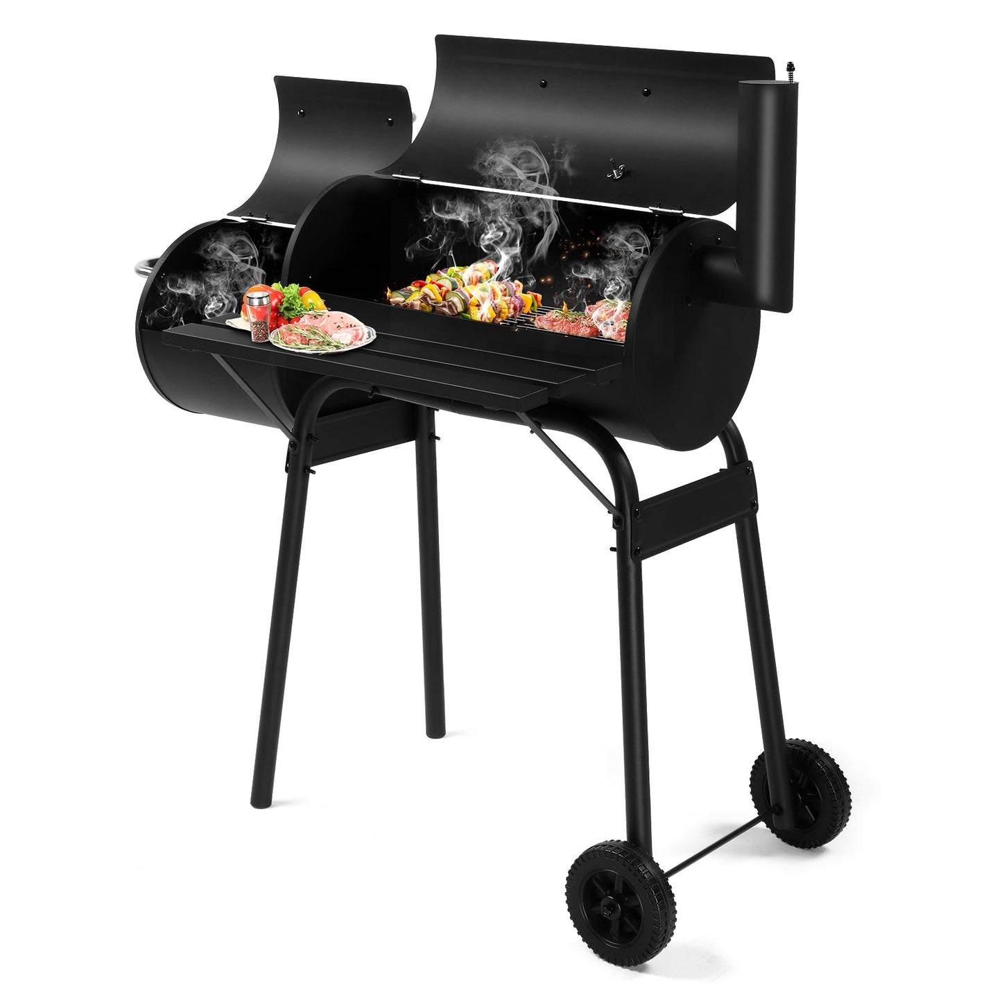 Barrel Charcoal Grill with Offset Smoker – Enamel Rack, Built-In Thermometer, Side Shelf & Wheels