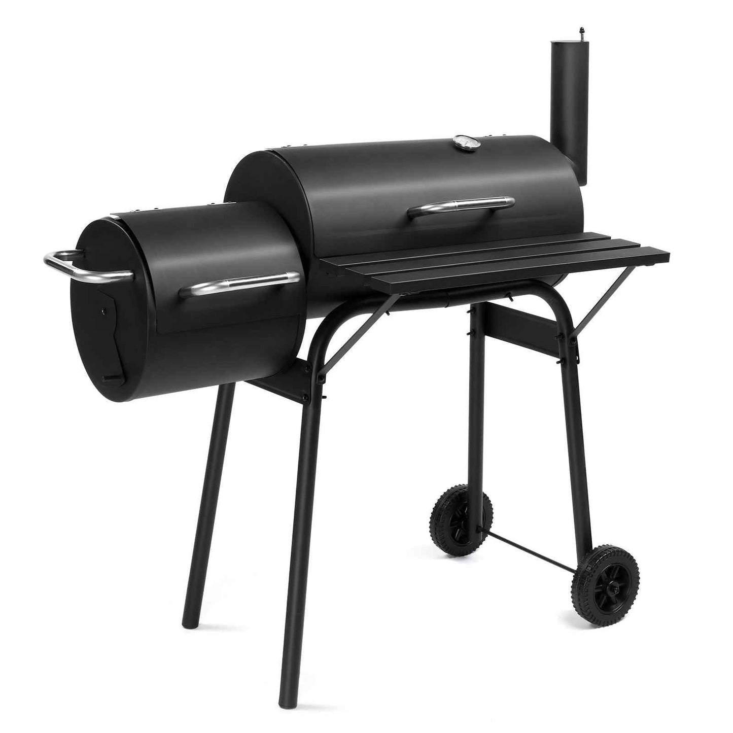 Barrel Charcoal Grill with Offset Smoker – Enamel Rack, Built-In Thermometer, Side Shelf & Wheels