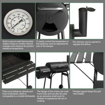 Barrel Charcoal Grill with Offset Smoker – Enamel Rack, Built-In Thermometer, Side Shelf & Wheels