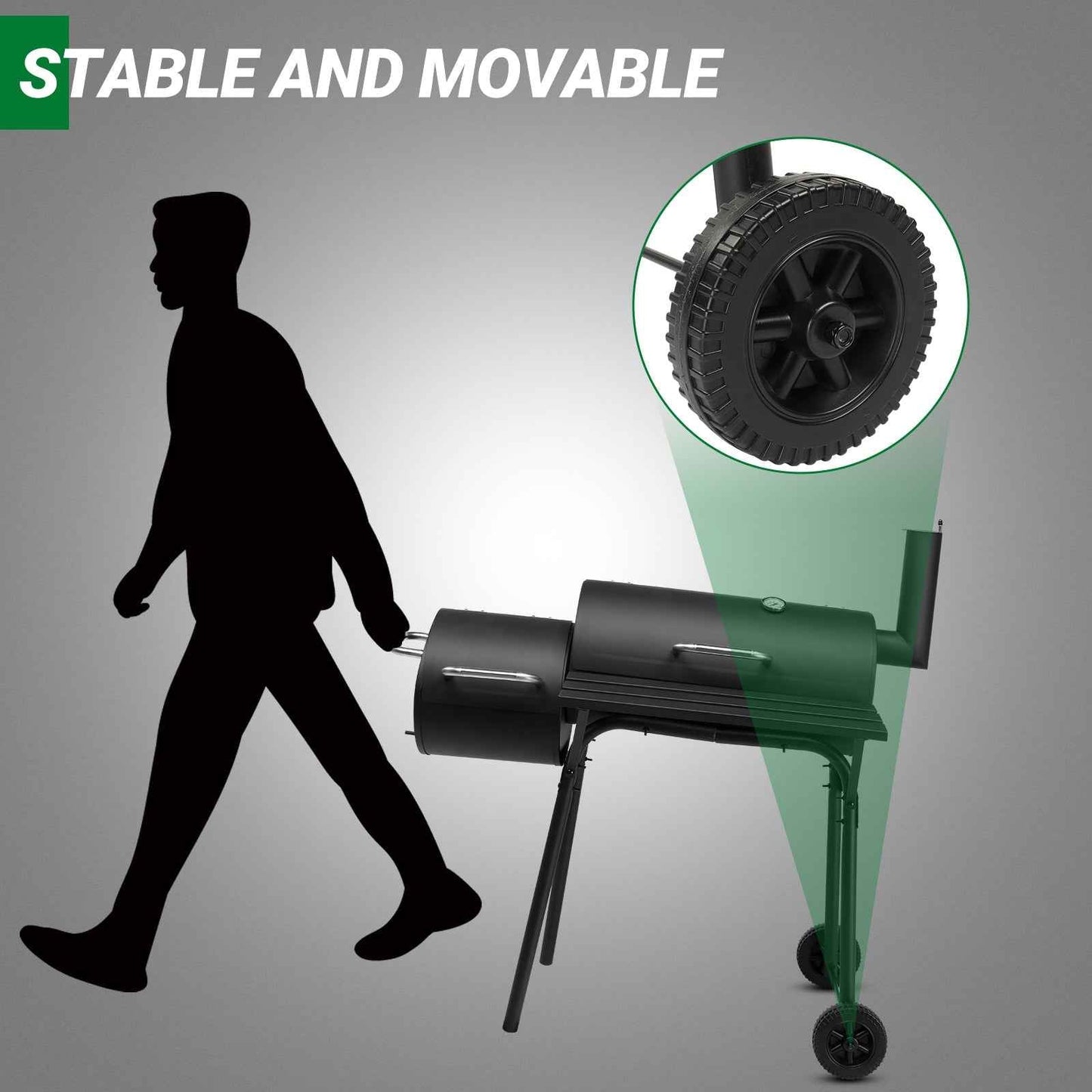 Barrel Charcoal Grill with Offset Smoker – Enamel Rack, Built-In Thermometer, Side Shelf & Wheels