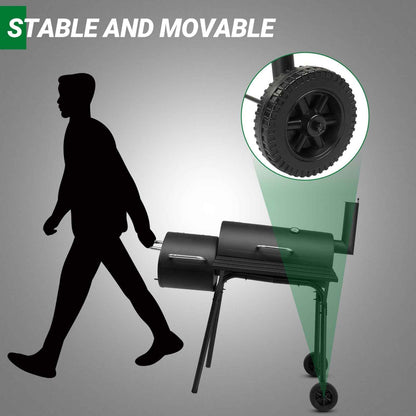 Barrel Charcoal Grill with Offset Smoker – Enamel Rack, Built-In Thermometer, Side Shelf & Wheels