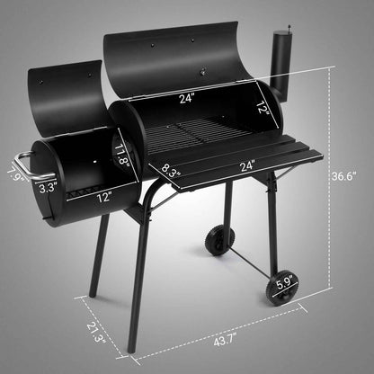 Barrel Charcoal Grill with Offset Smoker – Enamel Rack, Built-In Thermometer, Side Shelf & Wheels