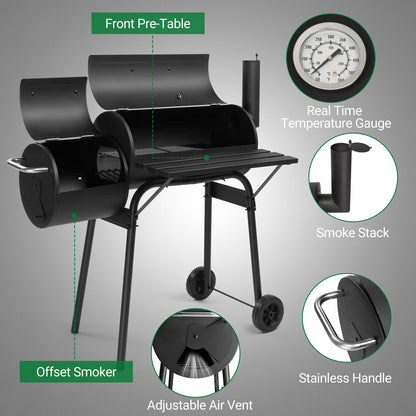 Barrel Charcoal Grill with Offset Smoker – Enamel Rack, Built-In Thermometer, Side Shelf & Wheels