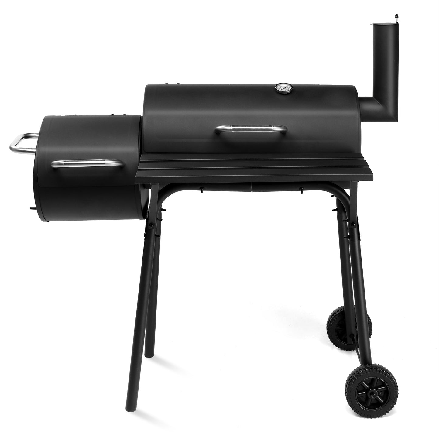 Barrel Charcoal Grill with Offset Smoker – Enamel Rack, Built-In Thermometer, Side Shelf & Wheels