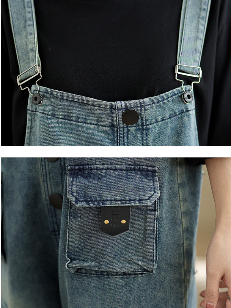 Loose Fit Women's Denim Overalls with Three Dimensional Pockets