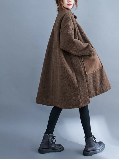 Oversized Lambskin Shearling Coat with Stand Collar and Contrast Patch Pockets