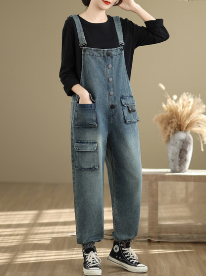 Loose Fit Women's Denim Overalls with Three Dimensional Pockets