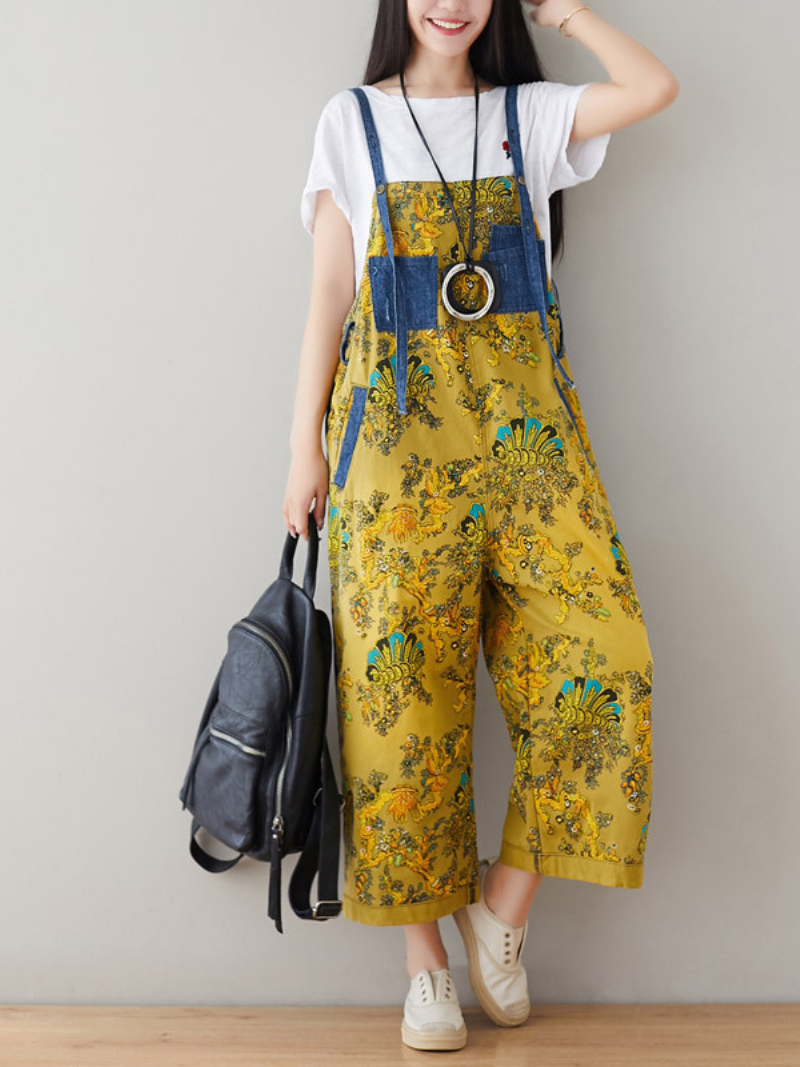 Boho Vintage Print Dungarees with Denim Panels - Cropped Loose Overalls