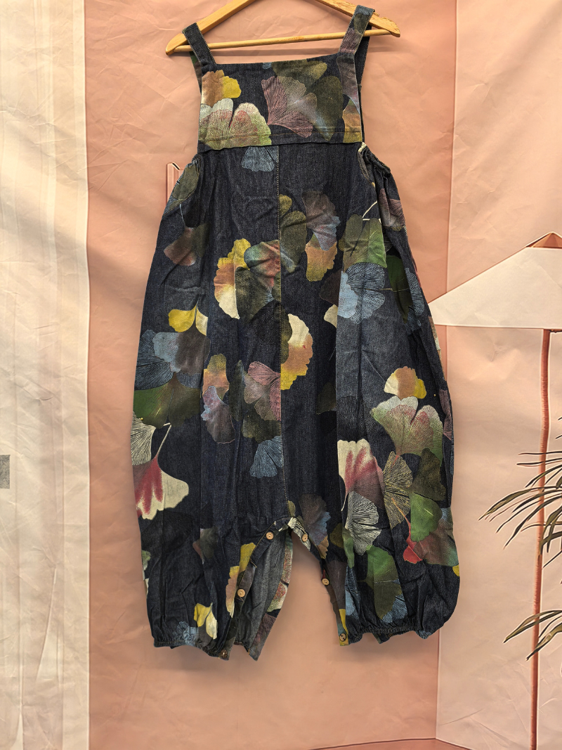 Flowy & Artistic Leaf Print Denim Dungarees for Women | Eva trends