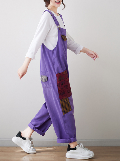 Relaxed Fit Purple Overalls with Contrast Pattern Pockets