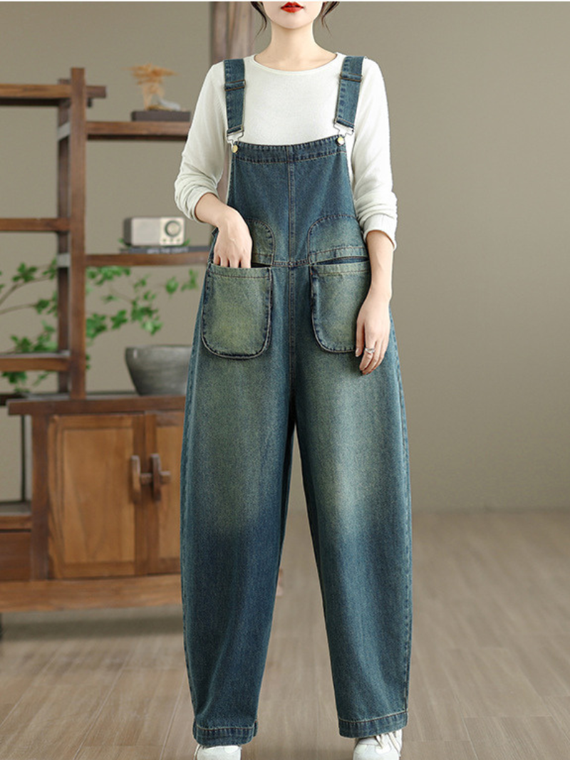 Vintage Wide-Leg Denim Overalls with straps & Pockets | Eva Trends