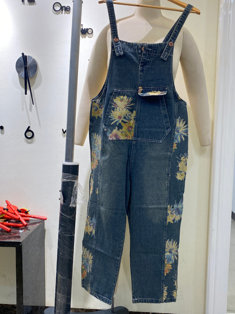 Sunflower Print Denim Dungarees - Utility Pocket Style