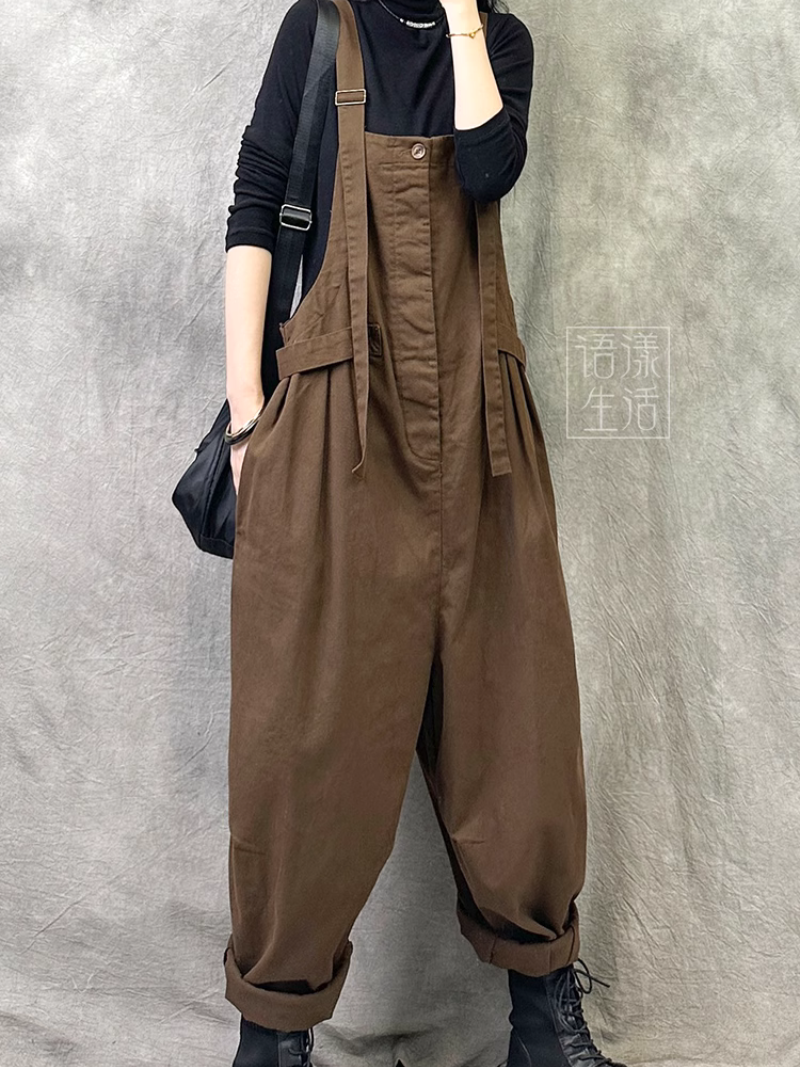 Women's Loose Barrel Leg Overalls with Side Buckle Straps