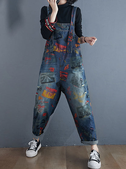 Postcard Print Denim Dungarees with Barrel Leg Shape