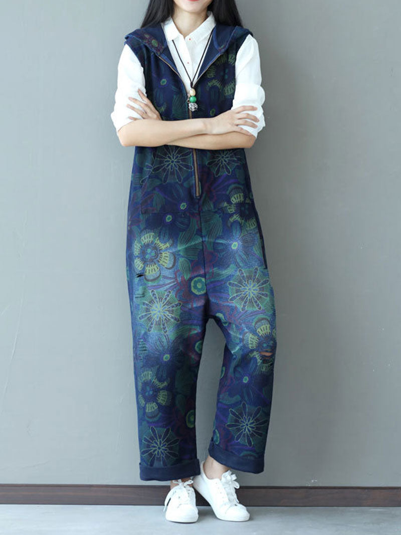Abstract Floral Zip Dungarees - Sleeveless Rolled-Hem Fit