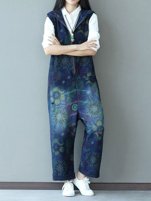 Abstract Floral Zip Dungarees - Sleeveless Rolled-Hem Fit