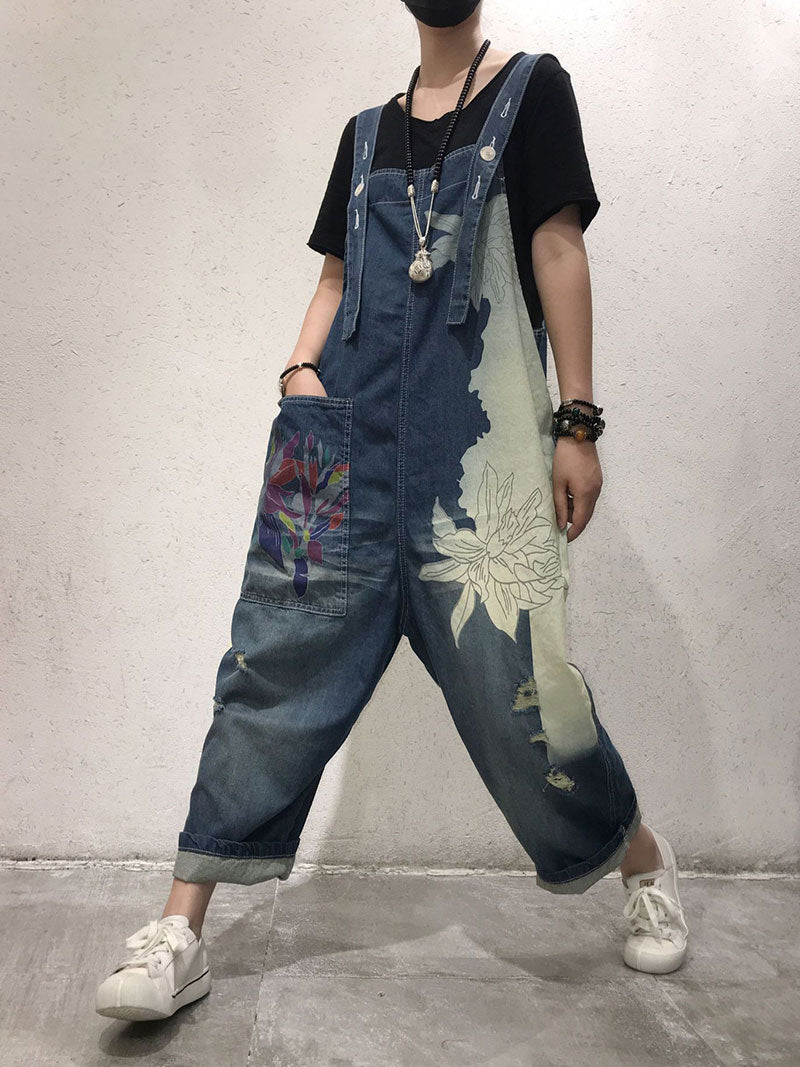 Artistic Floral Denim Dungarees - Distressed Wide-Leg Fit