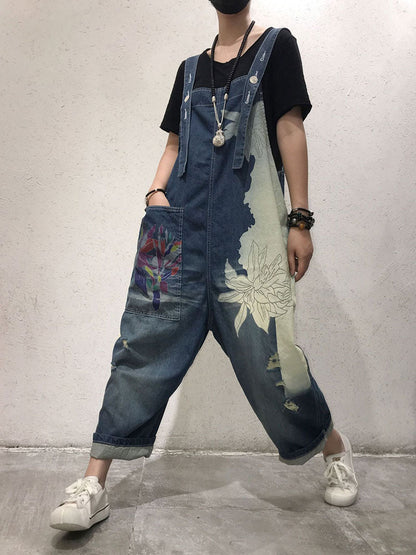 Artistic Floral Denim Dungarees - Distressed Wide-Leg Fit