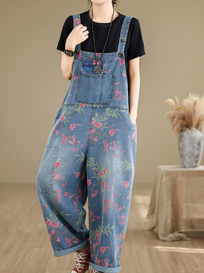 Boho Style Floral Print Denim Overalls for Women | Eva Trends